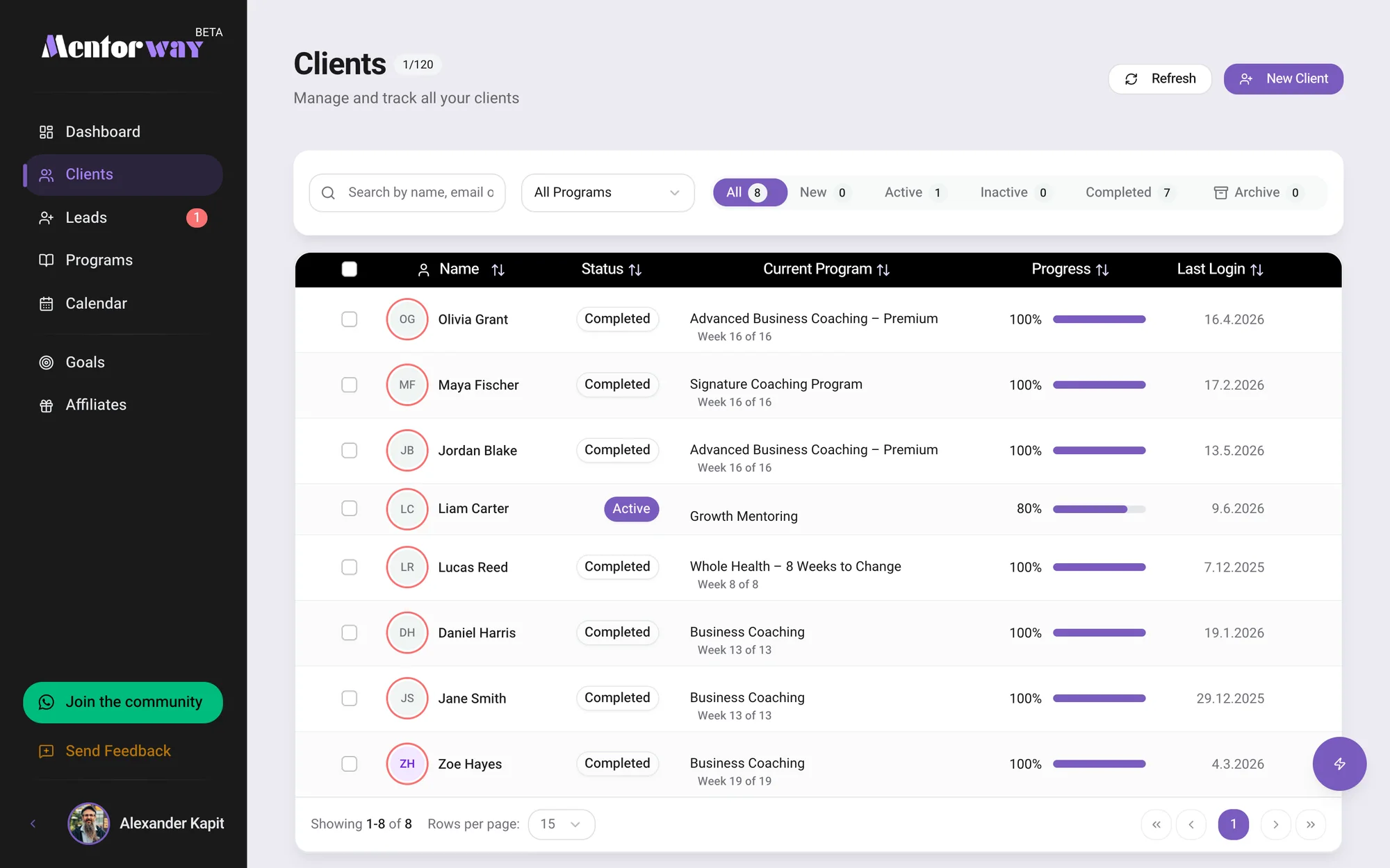 Mentorway coach app: the clients table with each client's program, weekly progress and last login (names are fictional)