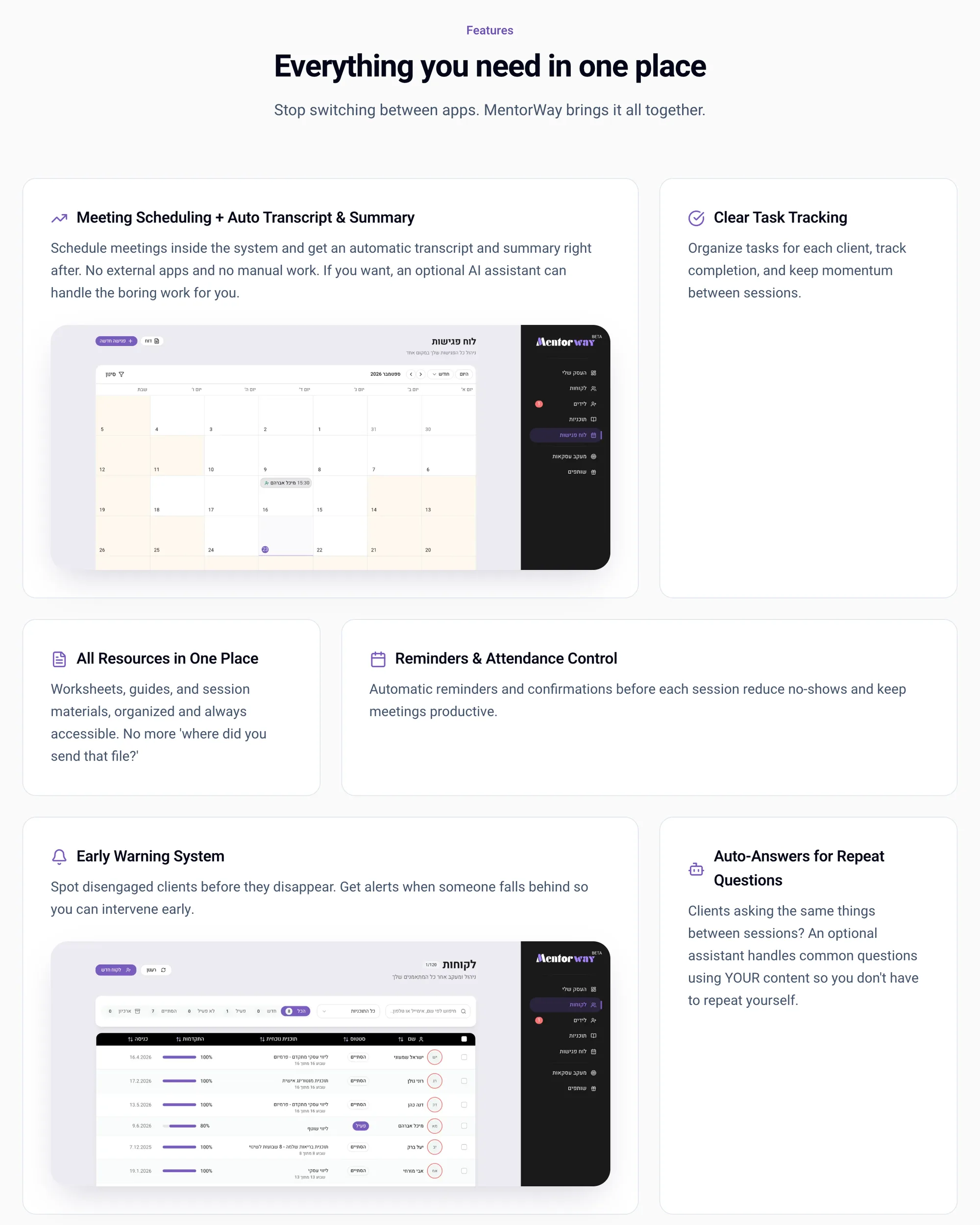 Mentorway features: meeting calendar with auto transcripts, task tracking, reminders, and an early-warning list of clients falling behind