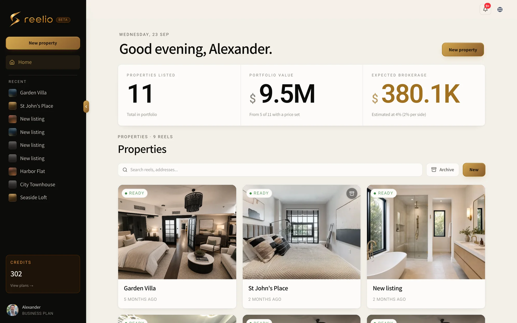 Reelio agent dashboard: 11 listings, portfolio value, expected brokerage, and the listings with their finished reels
