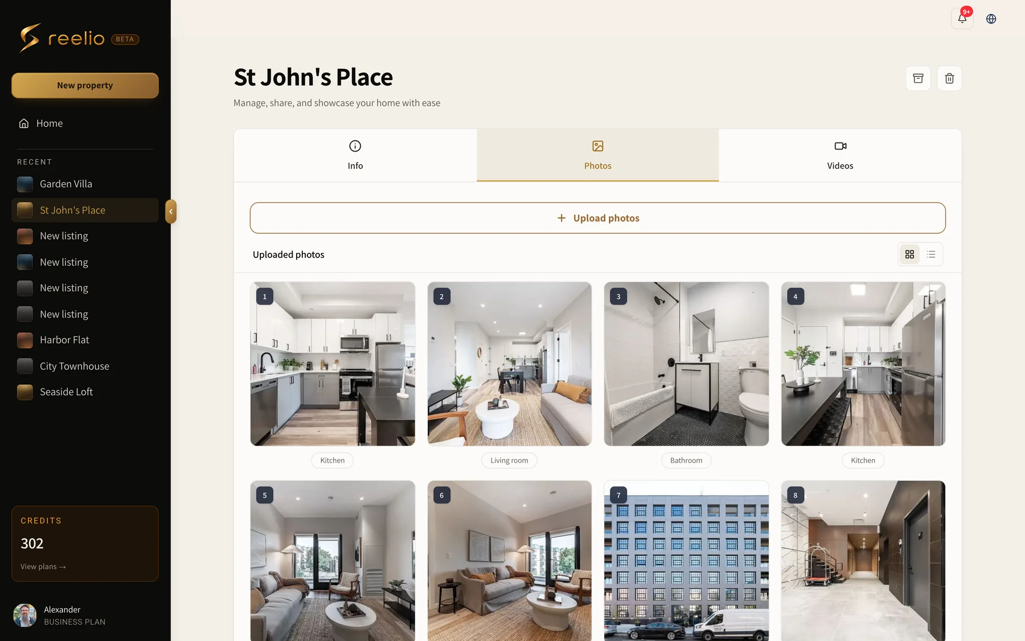 A Reelio listing page: each uploaded photo carries the room tag the vision model assigned, such as Kitchen, Living room, Bathroom, Exterior